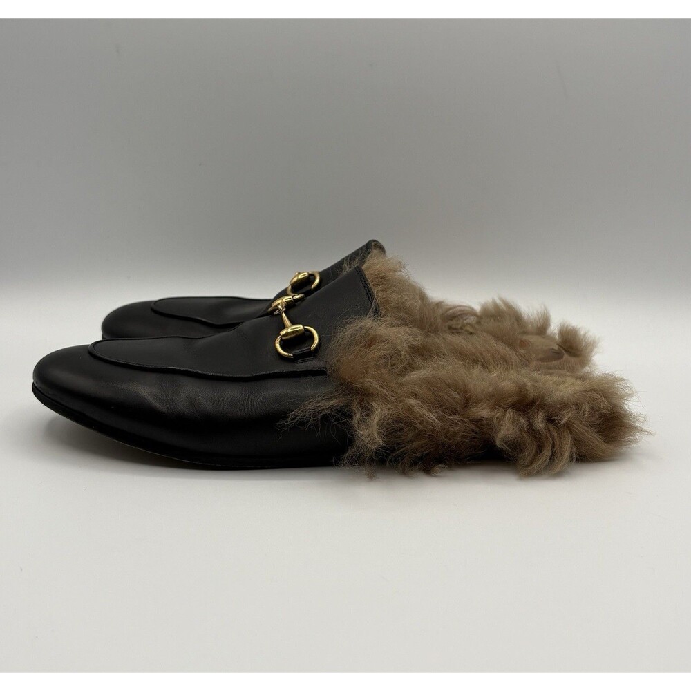 Gucci Black Leather Princetown Loafer Mule Fur Lined Horse-bit Accent Sz EU 37.5 - Picture 4 of 11